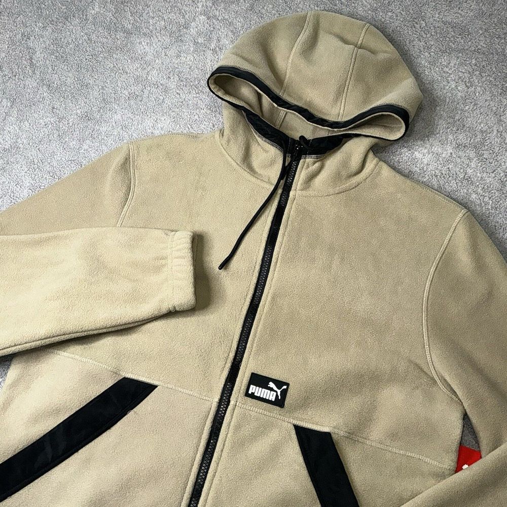 Puma Men's M Full Zip Jacket Hooded Polar Fleece w/‎ Woven Oak Branch Tan